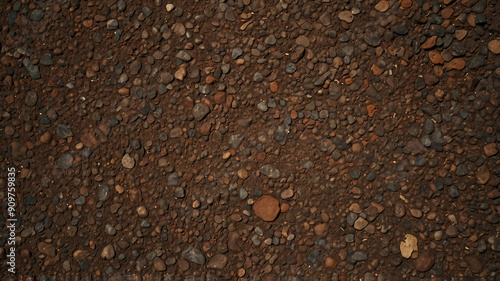 This image portrays a pebbly brown ground surface adorned with various-sized pebbles, offering a natural and textured appearance. photo