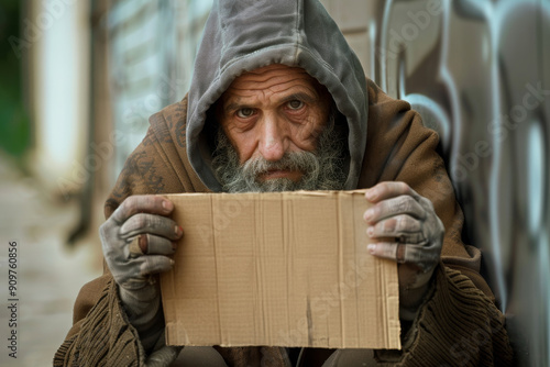 Beggar Cardboard with Copy Space, Male in Hood Showing Seeking Human Kindness Sign