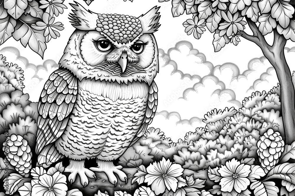 A black and white drawing of an owl sitting on a branch in a forest ...