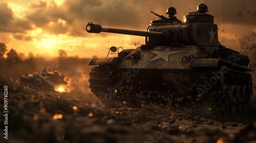 A dramatic tank on a battlefield at sunset, capturing the essence of military power and history in a cinematic atmosphere.