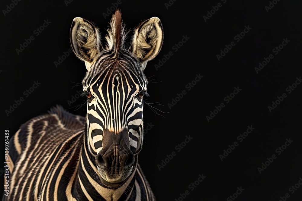 Fototapeta premium Portrait of a striking zebra on a black background