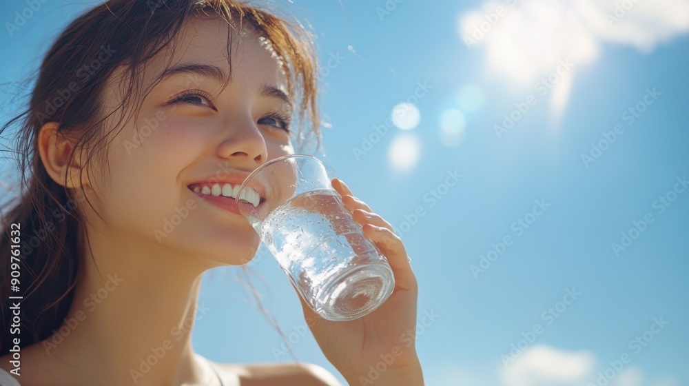 Woman Smiling While Drinking Water Outdoors Woman Smiling While Drinking Water Outdoors