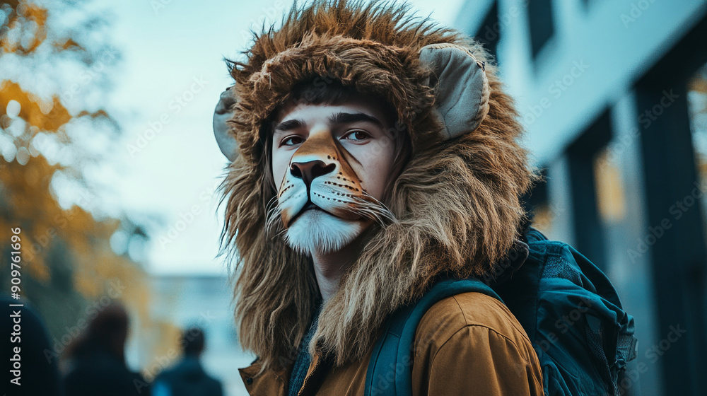 A male student from an art college dressed up as a lion for an art project. A male student from an art college dressed up as a lion for an art project.