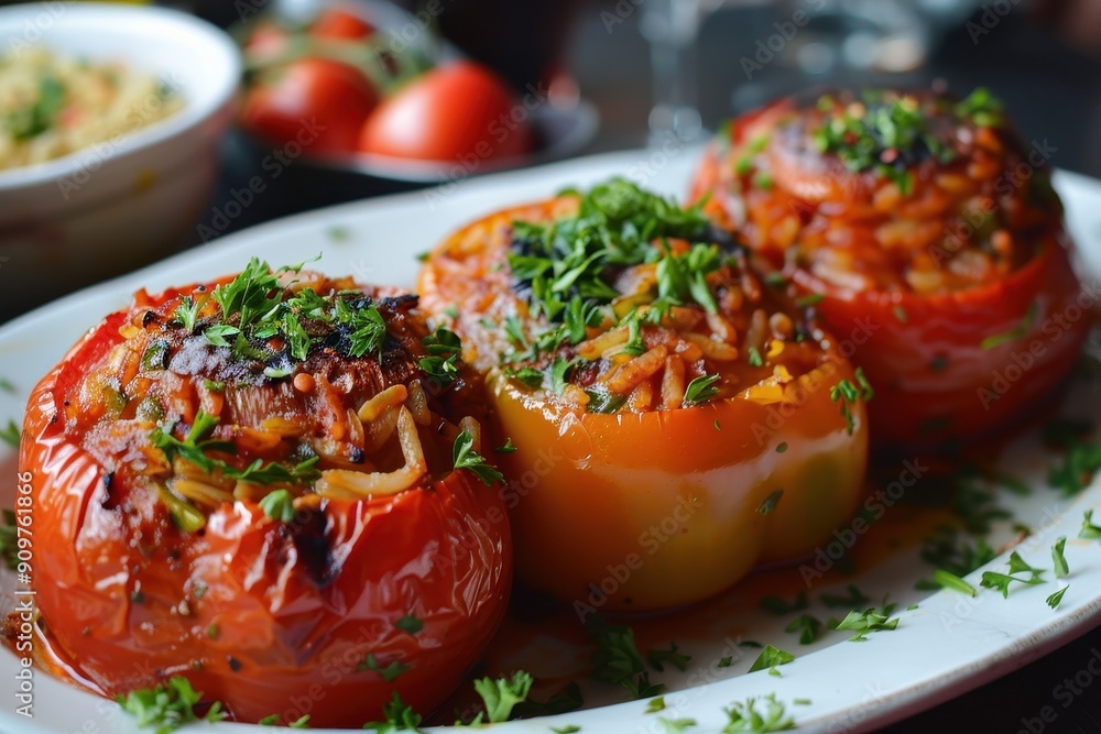 A plate of gemista, tomatoes and bell peppers stuffed with rice and herbs, baked until tender and garnished with parsley. A plate of gemista, tomatoes and bell peppers stuffed with rice and herbs, baked until tender and garnished with parsley.