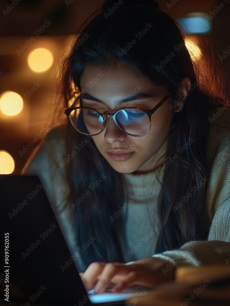 A person sitting at a desk with glasses and a laptop, possibly working or studying A person sitting at a desk with glasses and a laptop, possibly working or studying