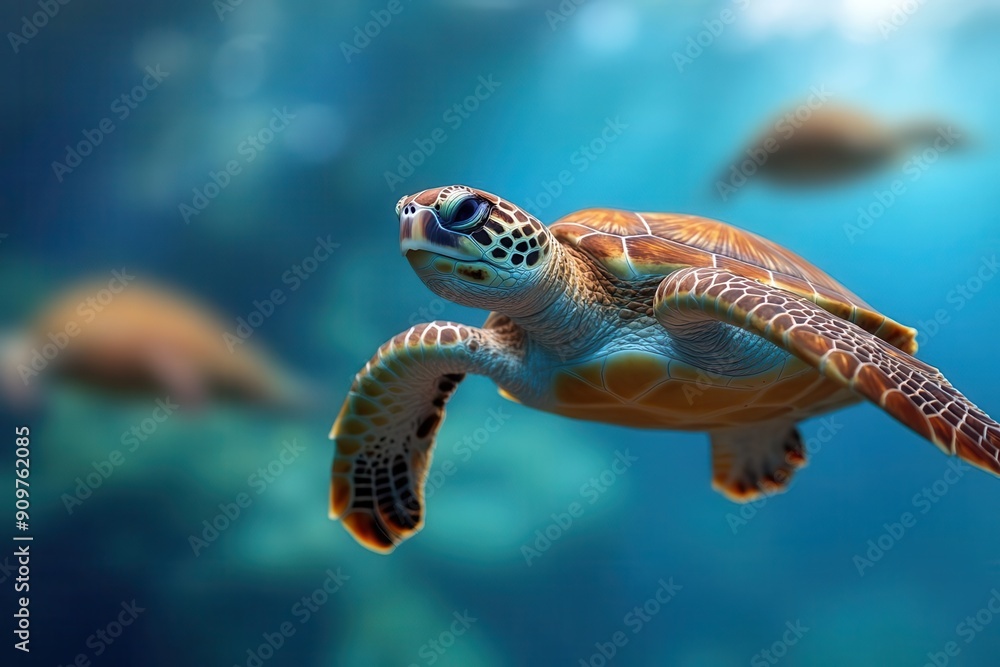 Obraz premium A graceful sea turtle gliding through clear blue waters, showcasing the beauty of marine life and underwater ecosystems.