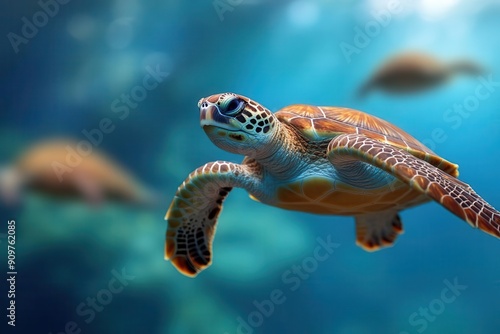 A graceful sea turtle gliding through clear blue waters  showcasing the beauty of marine life and underwater ecosystems.
