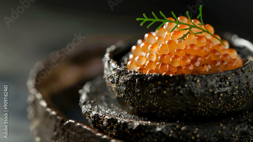 Close-up of a gourmet caviar dish with intricate presentation and detailed textures