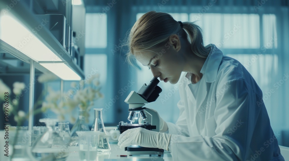 Focused Scientist Examining a Specimen Under a Microscope Focused Scientist Examining a Specimen Under a Microscope