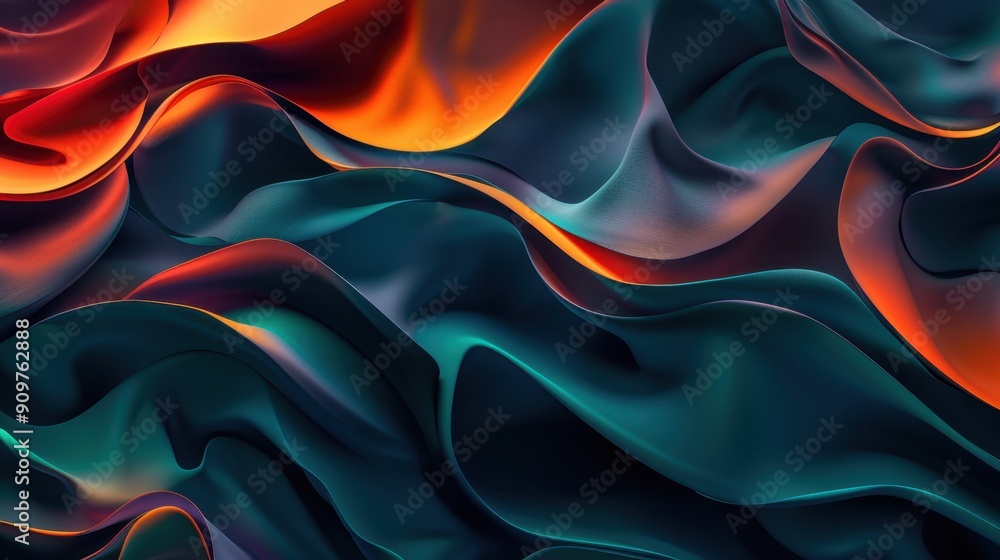 Obraz premium Vibrant abstract waves in shades of orange and blue, blending smoothly to create a dynamic and colorful background.