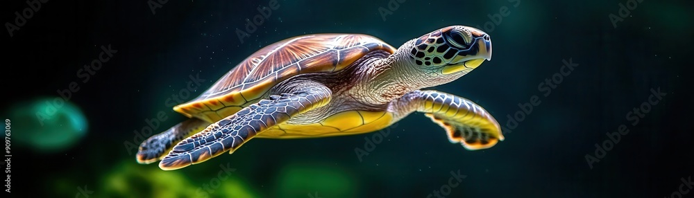 A vibrant sea turtle gracefully swimming through clear blue waters, showcasing its beautiful shell and intricate patterns. A vibrant sea turtle gracefully swimming through clear blue waters, showcasing its beautiful shell and intricate patterns.