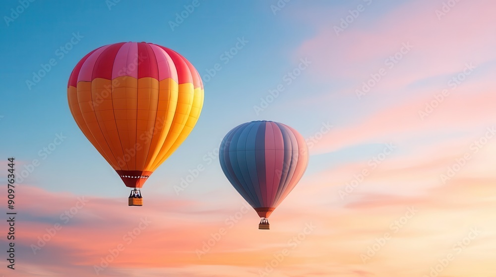 Fototapeta premium Colorful hot air balloons floating against a vibrant sunset sky, creating a serene and picturesque landscape.