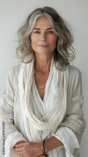 portrait of a beautiful woman with gray hair and a white scarf