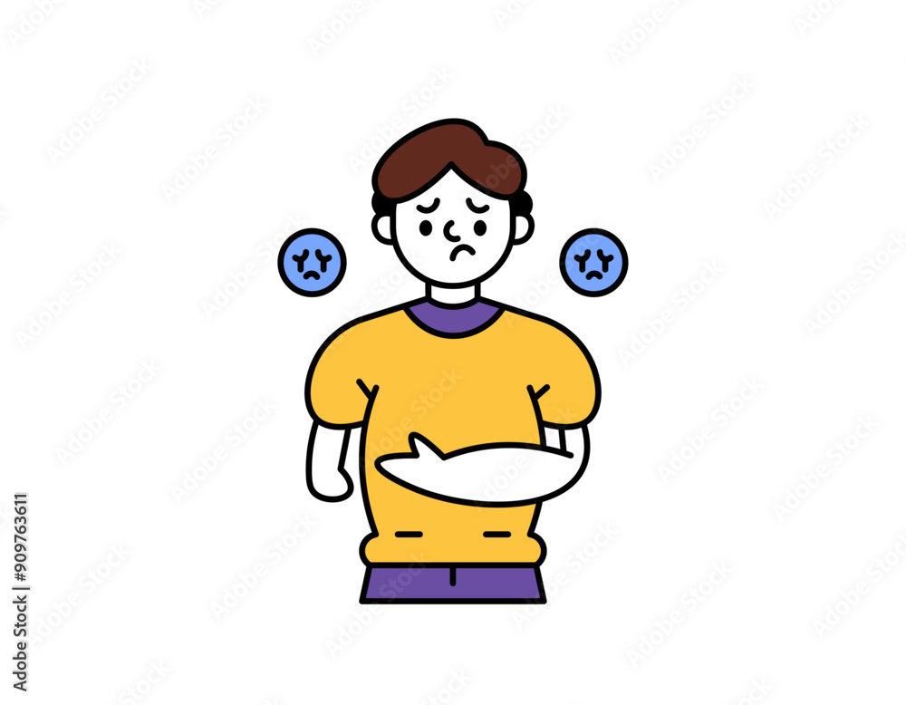 illustration of a man looking sad because he has no right hand. lack of confidence because of losing his right hand. disabled limb or stump hand. gloomy man expression. outline style character design illustration of a man looking sad because he has no right hand. lack of confidence because of losing his right hand. disabled limb or stump hand. gloomy man expression. outline style character design