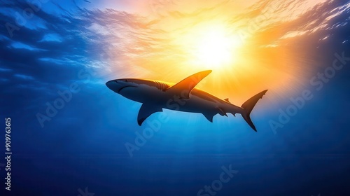 Majestic shark gliding through the deep blue ocean, illuminated by the warm glow of the sun, showcasing the beauty of marine life.