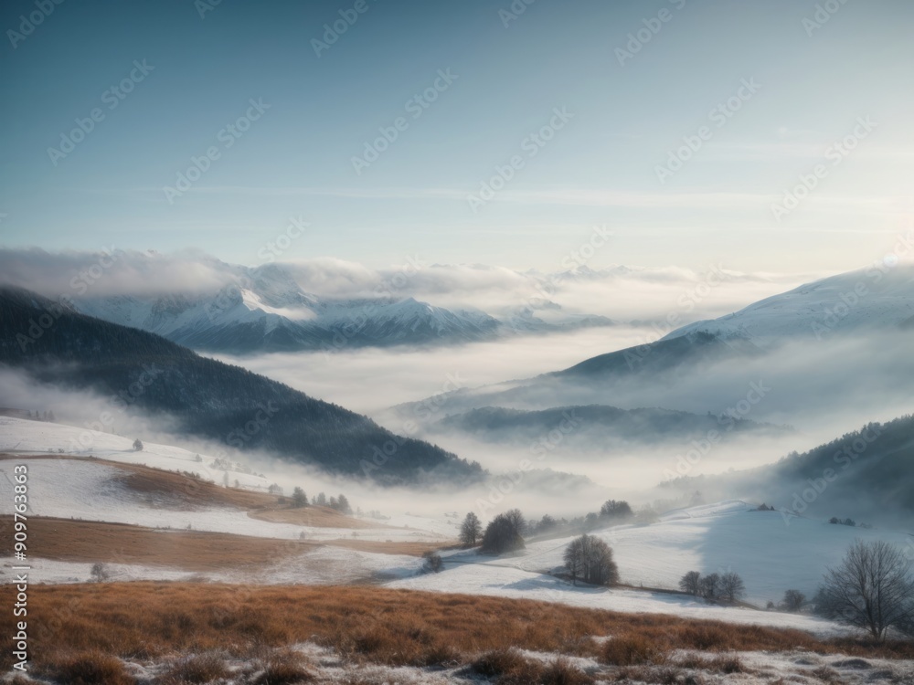 Panorama of the foggy winter landscape in the mountain Panorama of the foggy winter landscape in the mountain