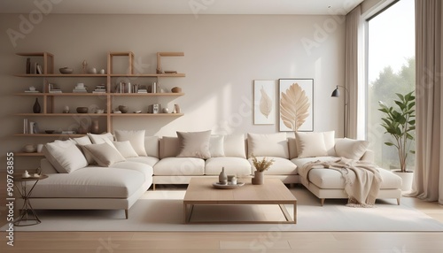 35mm film photography  A modern Scandinavian home interior design featuring a bright living room with a light gray comfortable sofa  a wooden coffee table  midcentury furniture in natural wood tones  