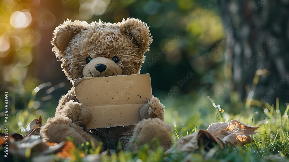 Little old teddy bear sitting on the grass in the garden and holding a piece of cardboard Little old teddy bear sitting on the grass in the garden and holding a piece of cardboard