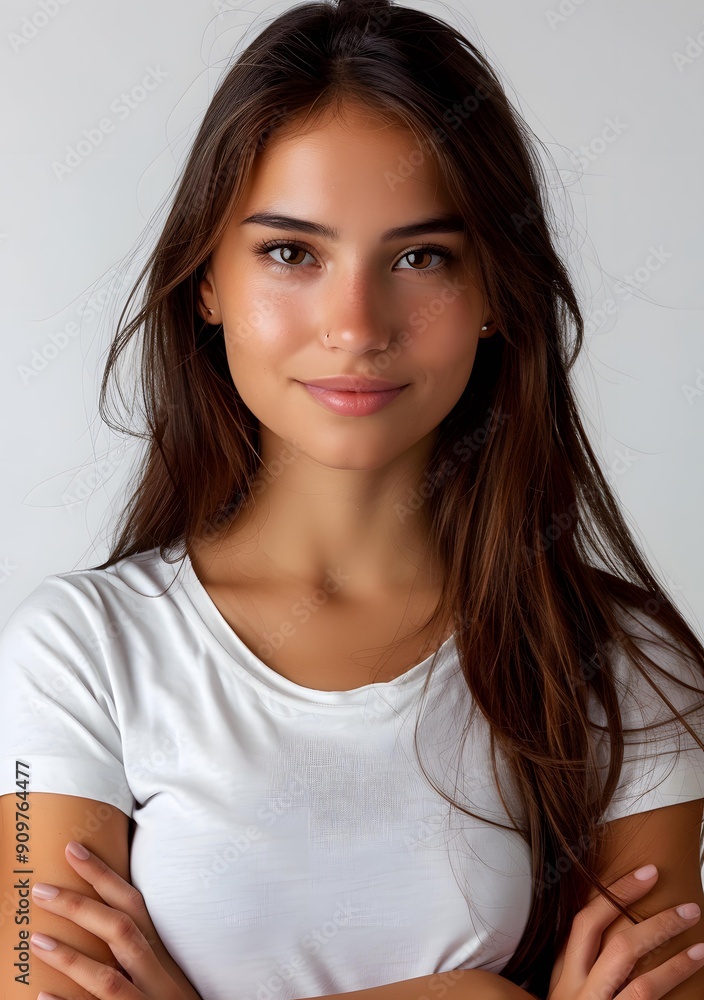 portrait of a young woman with long brown hair wearing a white t-shirt portrait of a young woman with long brown hair wearing a white t-shirt