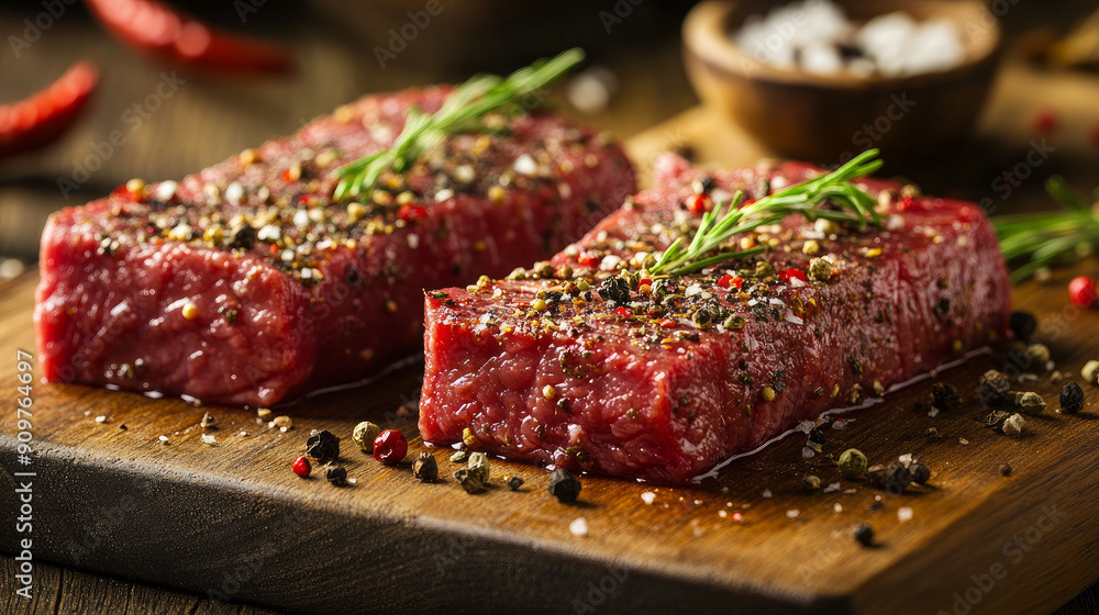 Fresh, raw beef steaks seasoned with herbs and spices, ready to be cooked on a wooden board. Fresh, raw beef steaks seasoned with herbs and spices, ready to be cooked on a wooden board.