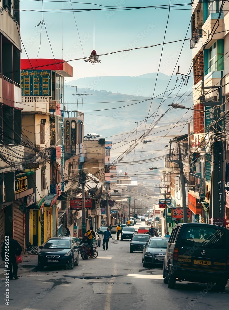 Fototapeta Narrow Street with Many Wires in a City