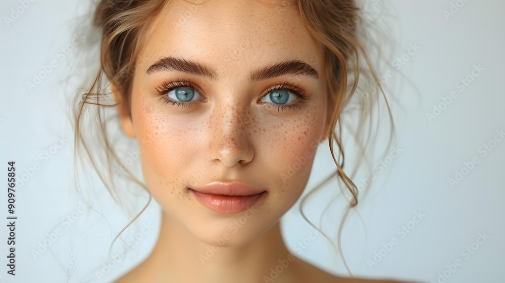 Close Up Portrait of Woman with Freckles and Blue Eyes Close Up Portrait of Woman with Freckles and Blue Eyes