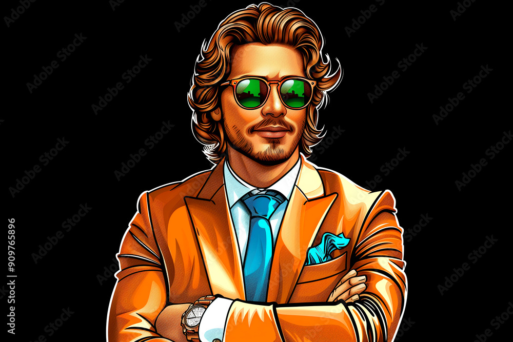 A man in a suit and sunglasses is posing for a picture. He is wearing a tie and a pocket square A man in a suit and sunglasses is posing for a picture. He is wearing a tie and a pocket square