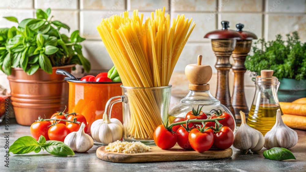 Fresh ingredients for traditional Italian spaghetti dish arranged on a clean kitchen counter, emphasizing minimal cooking concept, ideal for restaurant, cafe, or shop promotions. Fresh ingredients for traditional Italian spaghetti dish arranged on a clean kitchen counter, emphasizing minimal cooking concept, ideal for restaurant, cafe, or shop promotions.