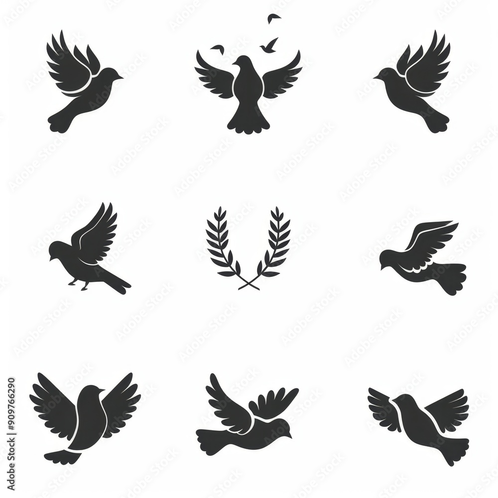 Obraz premium Peace dove graffiti, pigeons, twigs ink illustration. Flying birds silhouettes monochrome flat icons