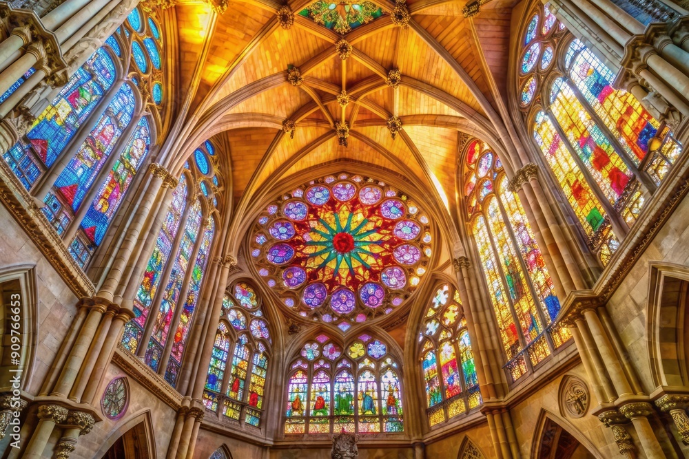 Vibrant stained glass window with intricate Gothic architecture and kaleidoscopic colors illuminates the majestic interior of Burgos Cathedral in Castile and Leon, Spain. Vibrant stained glass window with intricate Gothic architecture and kaleidoscopic colors illuminates the majestic interior of Burgos Cathedral in Castile and Leon, Spain.