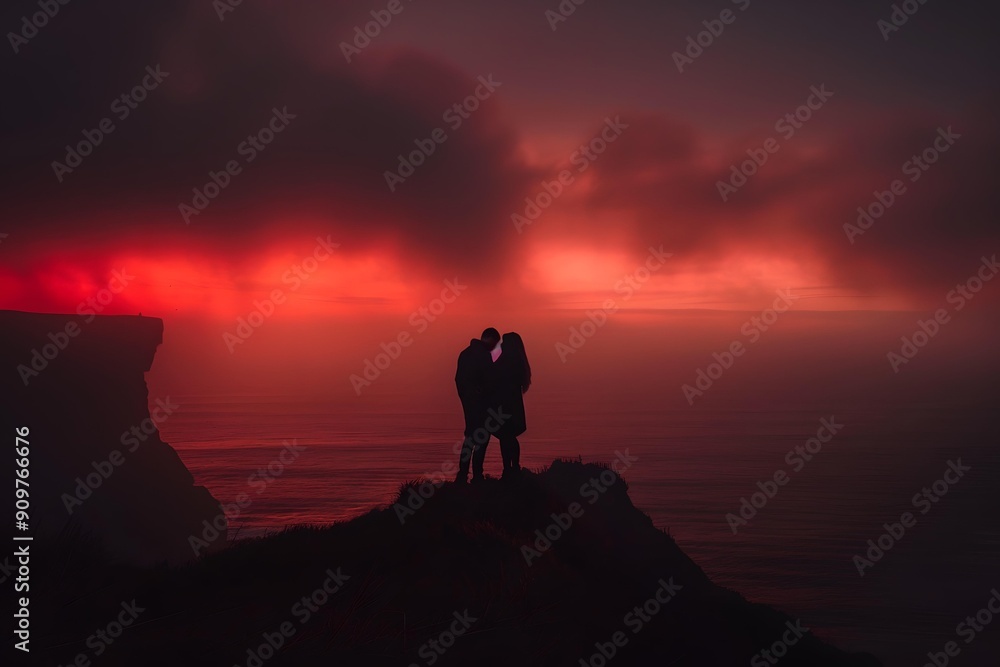 Silhouettes of Couple at Sunset Overlooking the Ocean Silhouettes of Couple at Sunset Overlooking the Ocean