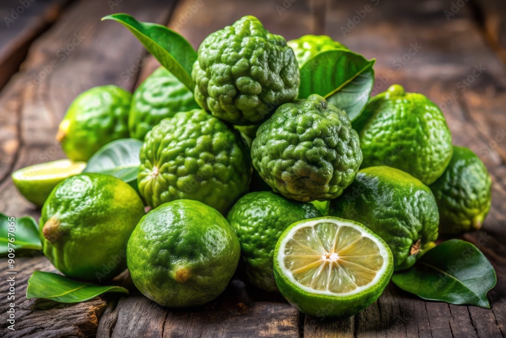 Vibrant and aromatic kaffir lime fruits sit piled on a rustic wooden surface, ready to infuse exotic flavor and zest into a variety of culinary creations. Vibrant and aromatic kaffir lime fruits sit piled on a rustic wooden surface, ready to infuse exotic flavor and zest into a variety of culinary creations.