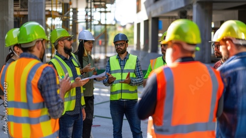 Construction Team Meeting On-Site Wearing Safety Gear And High-Visibility Vests 