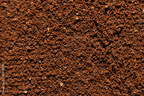 Texture of ground coffee close-up: top view