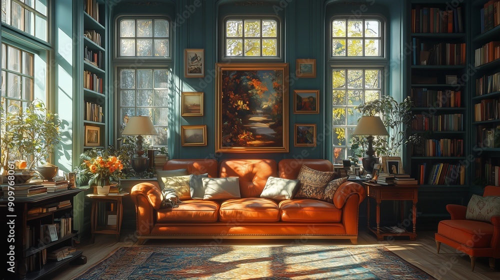 modern living room, wall decorated with photo frames colorful interior design modern living room, wall decorated with photo frames colorful interior design