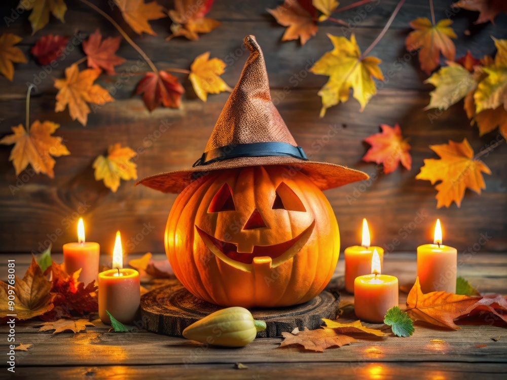 A festive carved pumpkin wears a pointed orange Halloween hat, surrounded by autumn leaves and twinkling candles, evoking a spooky seasonal atmosphere. A festive carved pumpkin wears a pointed orange Halloween hat, surrounded by autumn leaves and twinkling candles, evoking a spooky seasonal atmosphere.