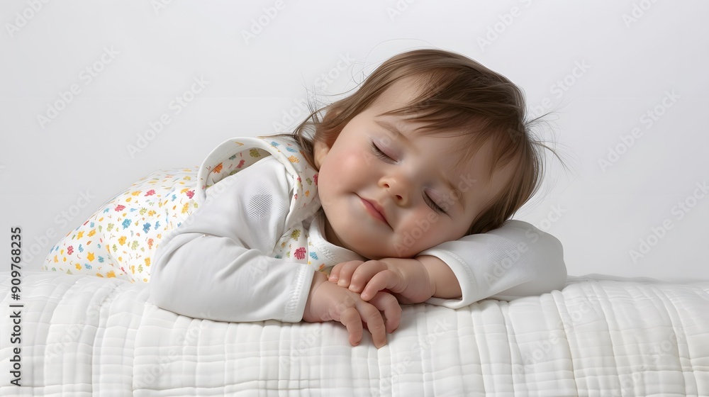 An adorable baby sleeping soundly on a white blanket An adorable baby sleeping soundly on a white blanket