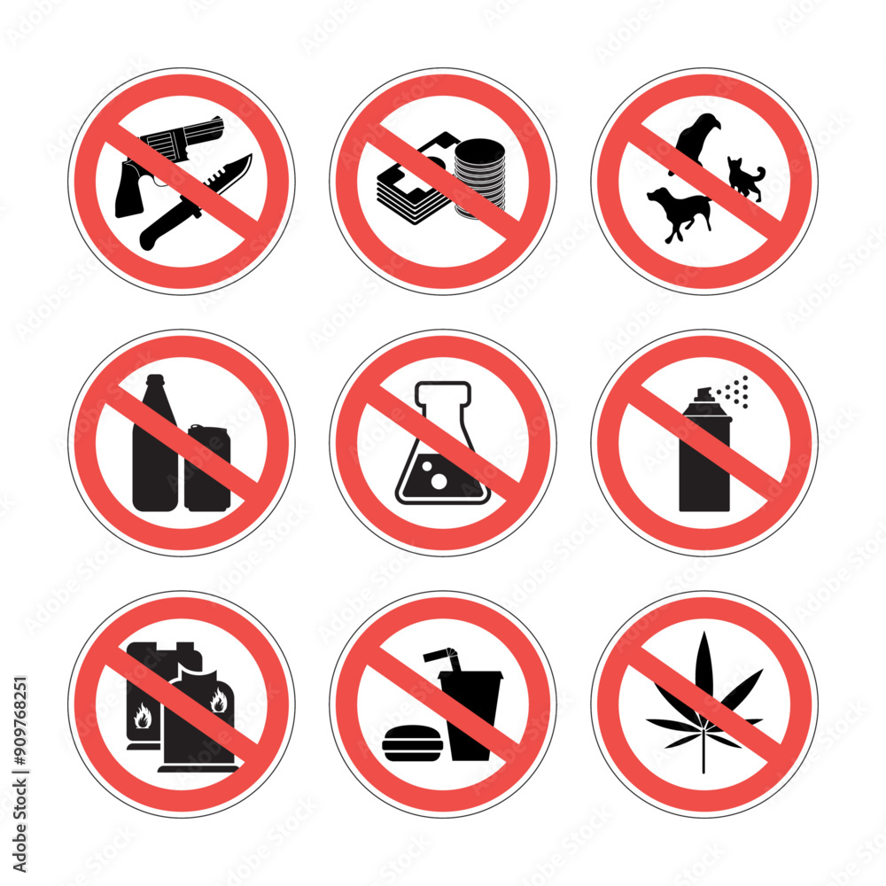 Prohibited and Restricted Items for Shipping - No Food, Alcohol, Weapons, Spray or gas canisters. Chemicals, Flammables, Cash and Animal Products. Vector. Prohibited and Restricted Items for Shipping - No Food, Alcohol, Weapons, Spray or gas canisters. Chemicals, Flammables, Cash and Animal Products. Vector.
