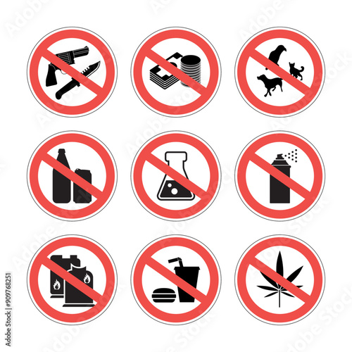 Prohibited and Restricted Items for Shipping - No Food, Alcohol, Weapons, Spray or gas canisters. Chemicals, Flammables, Cash and Animal Products. Vector.
