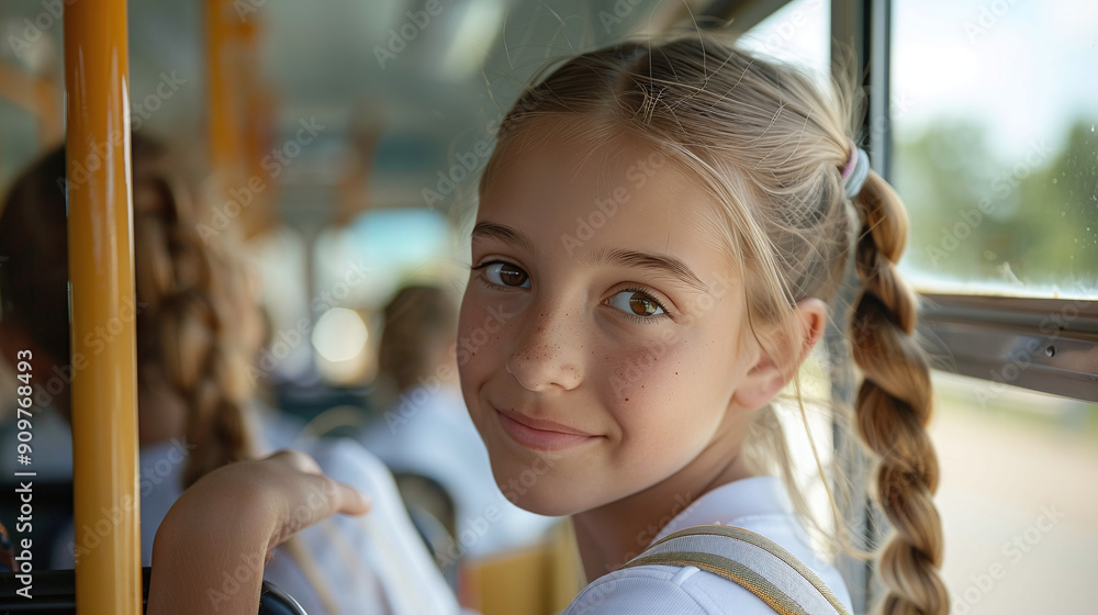 Schoolgirl with schoolbag riding school bus to school Schoolgirl with schoolbag riding school bus to school