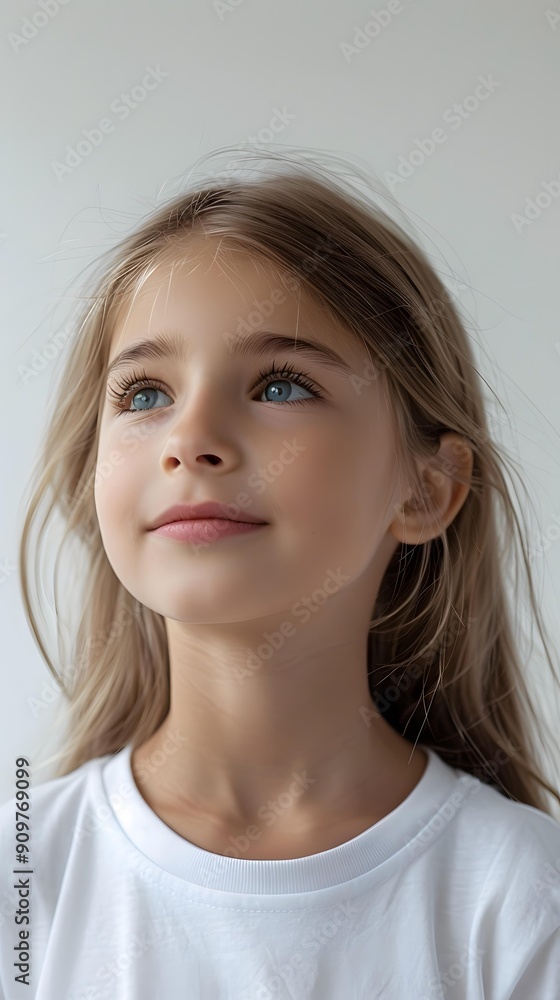Naklejka premium portrait of a cute blonde girl in a white t-shirt looking up