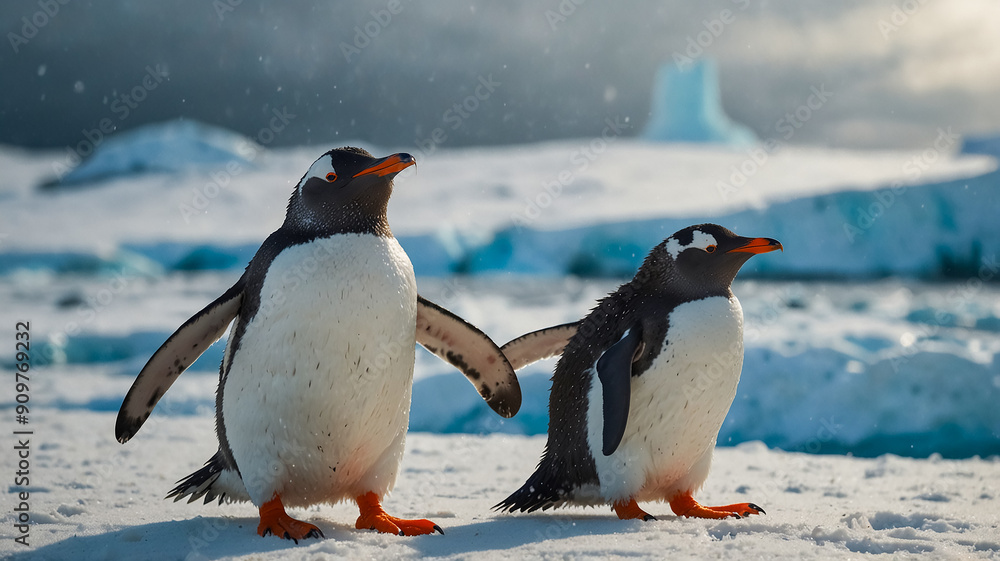 Obraz premium Penguins walking in the snow The background is an iceberg.
