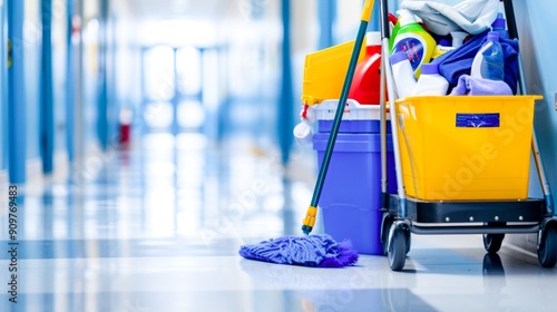 Cleaning cart loaded with a mop and broom stands in the hallway of an office building as background.
