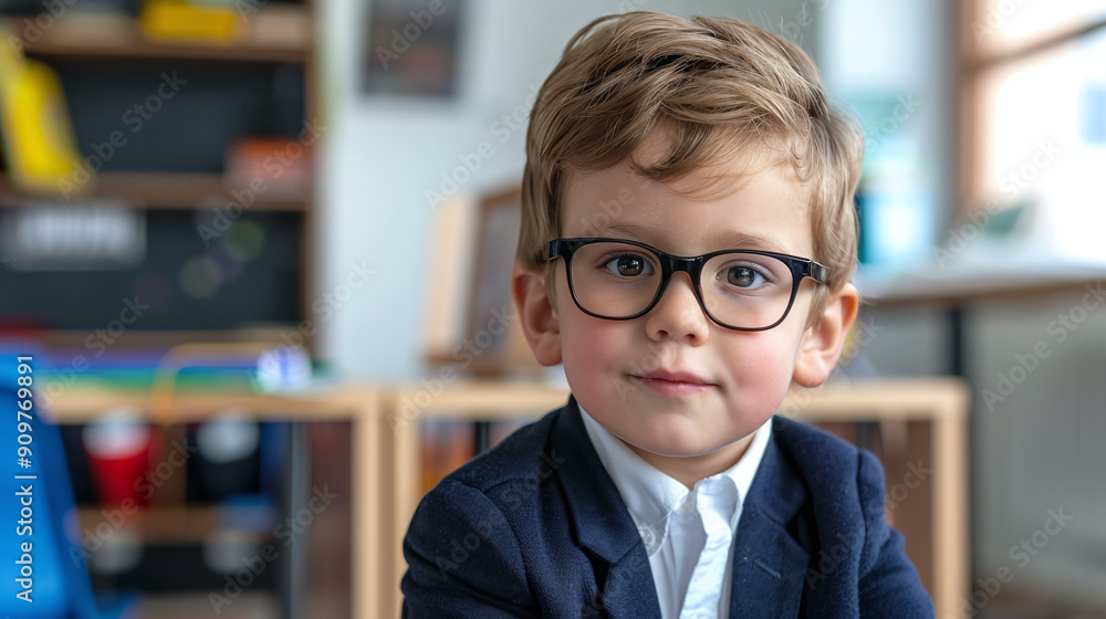 Smart schoolboy in business suit and glasses in school classroom Smart schoolboy in business suit and glasses in school classroom
