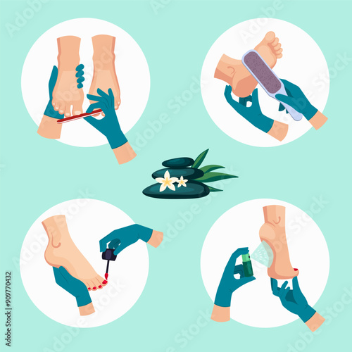 foot spa icons. peeling well-groomed natural women feet, hygiene cartoon foot skin care icons, foot pedicure step by step. vector cartoon flat items collection.