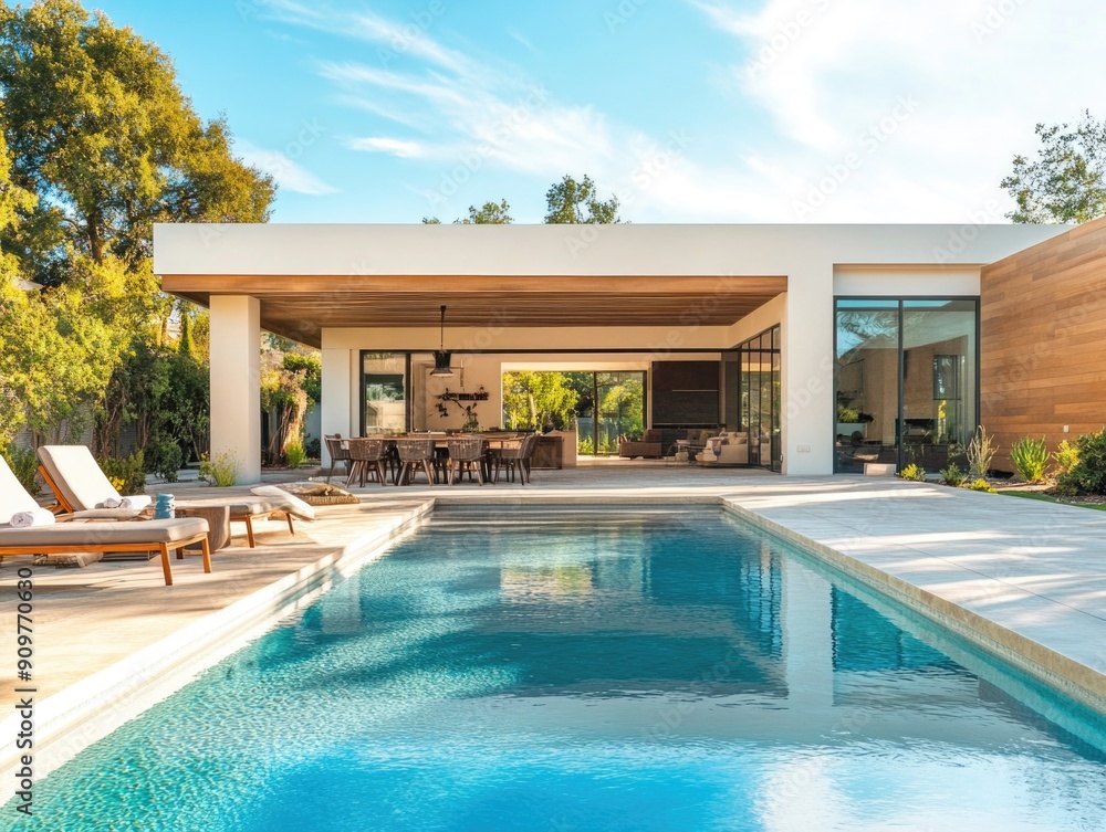 Fototapeta premium A serene backyard scene featuring a pool and lounge chairs, perfect for relaxation or outdoor gatherings