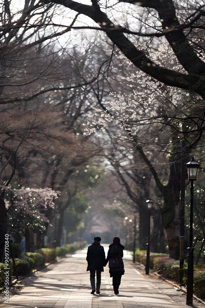 Couple Walking Through Cherry Blossom Trees in Japan Couple Walking Through Cherry Blossom Trees in Japan