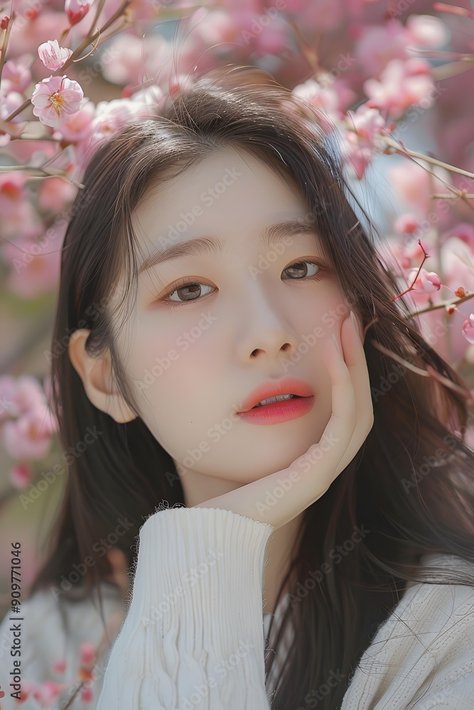 Beautiful Asian Woman Posing with Pink Flowers in Spring Beautiful Asian Woman Posing with Pink Flowers in Spring