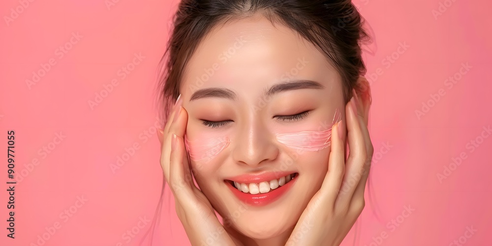 Smiling Woman Applying Pink Facial Cream on Pink Background Smiling Woman Applying Pink Facial Cream on Pink Background
