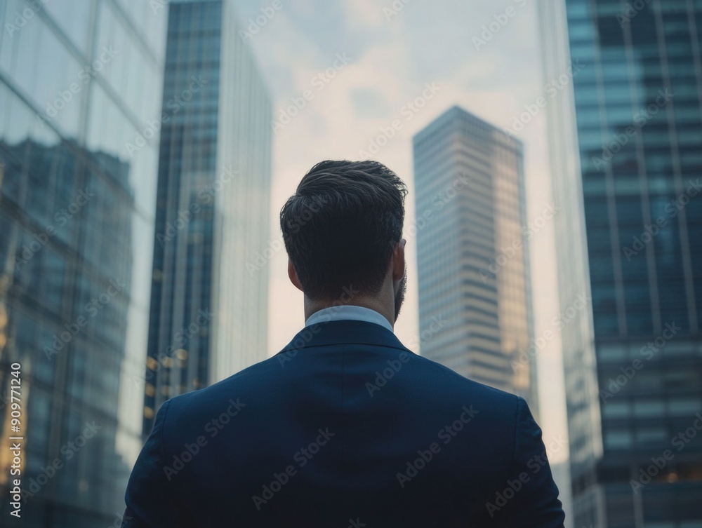 A man in a suit stands in front of tall buildings, a common scene for business and finance A man in a suit stands in front of tall buildings, a common scene for business and finance